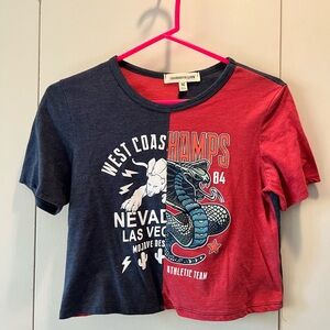 Bold Blue and Red Crop Top with Retro Graphic